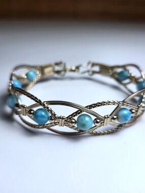 Artisan Wire Wrapped Sterling Silver Turquoise Bracelet Handmade Lattice Link Bo